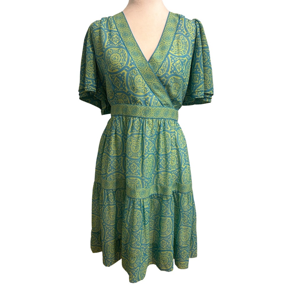 Gretchen Scott Medium Geometric blue green pockets preppy tiered flutter sleeves